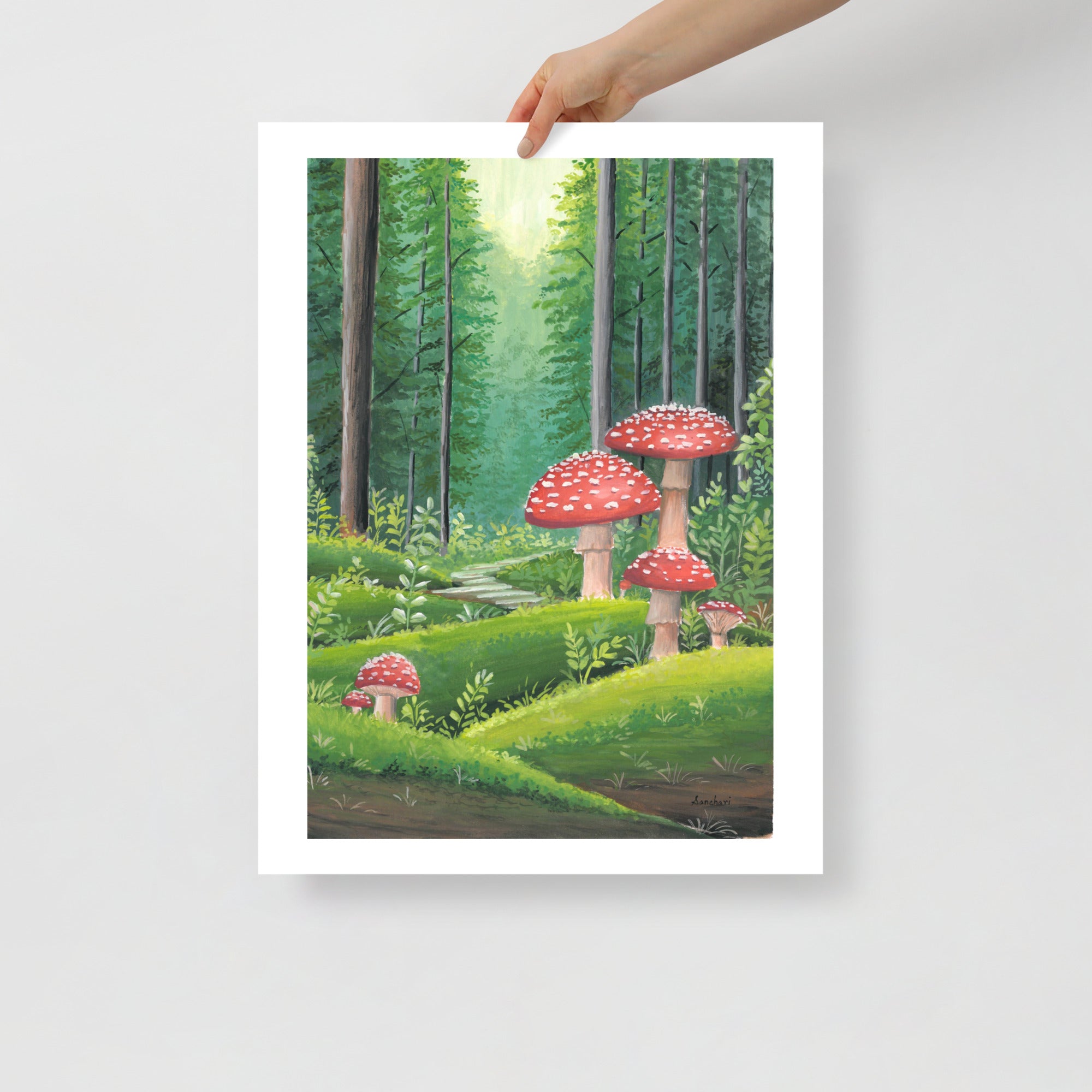 Red Mushroom Forest Wall Art Print – Cottagecore Fairycore Woodland Decor • Gouache Mushroom Illustration • Cozy Nature Wall Art • Fantasy Gift