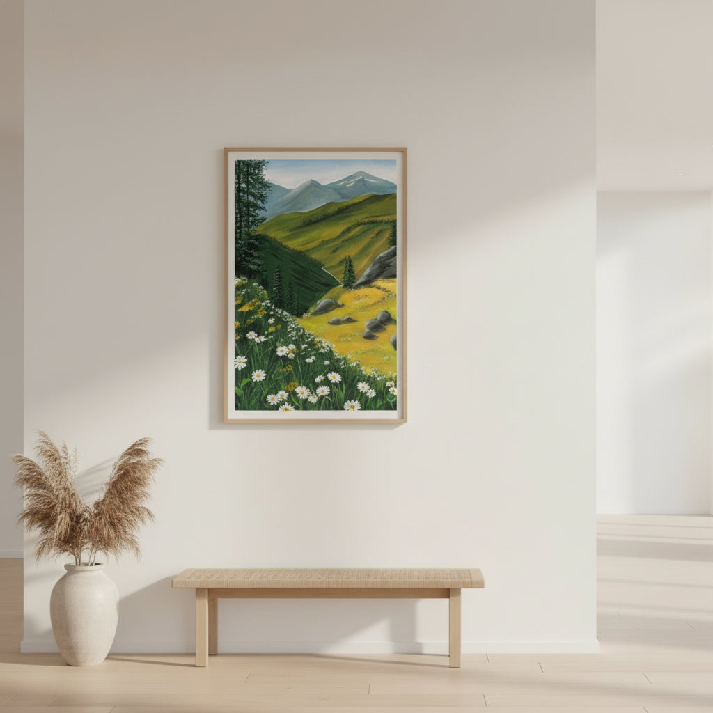 Daisy Field Mountain Art Print • Wildflower Meadow Wall Art • Summer & Spring Landscape Painting • Botanical Nature Decor • Cheerful Home Art