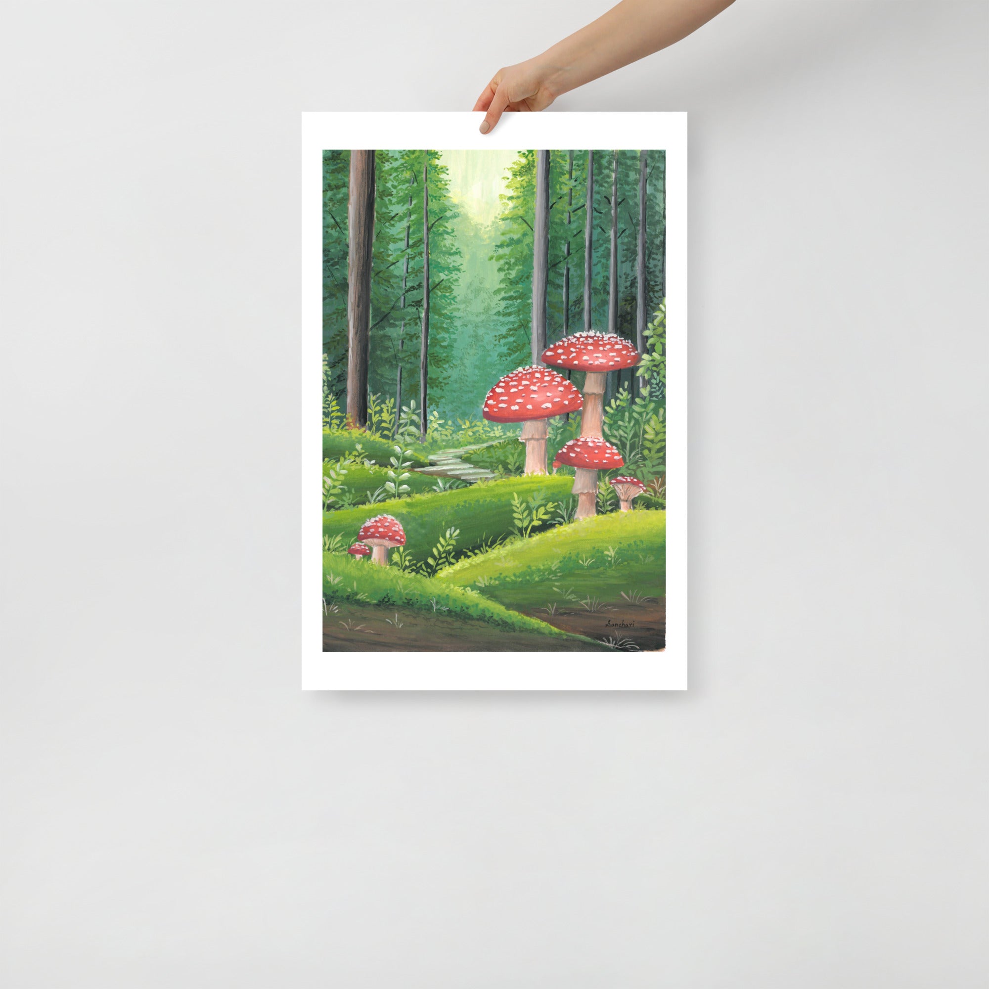 Red Mushroom Forest Wall Art Print – Cottagecore Fairycore Woodland Decor • Gouache Mushroom Illustration • Cozy Nature Wall Art • Fantasy Gift