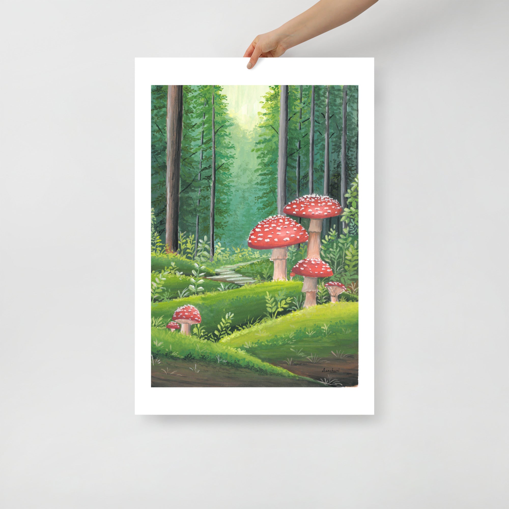 Red Mushroom Forest Wall Art Print – Cottagecore Fairycore Woodland Decor • Gouache Mushroom Illustration • Cozy Nature Wall Art • Fantasy Gift