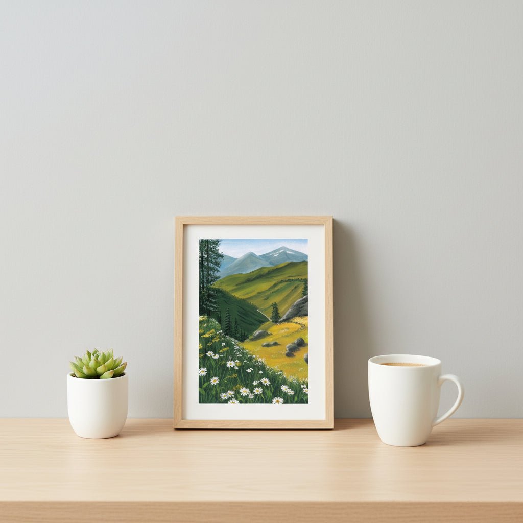 Daisy Field Mountain Art Print • Wildflower Meadow Wall Art • Summer & Spring Landscape Painting • Botanical Nature Decor • Cheerful Home Art