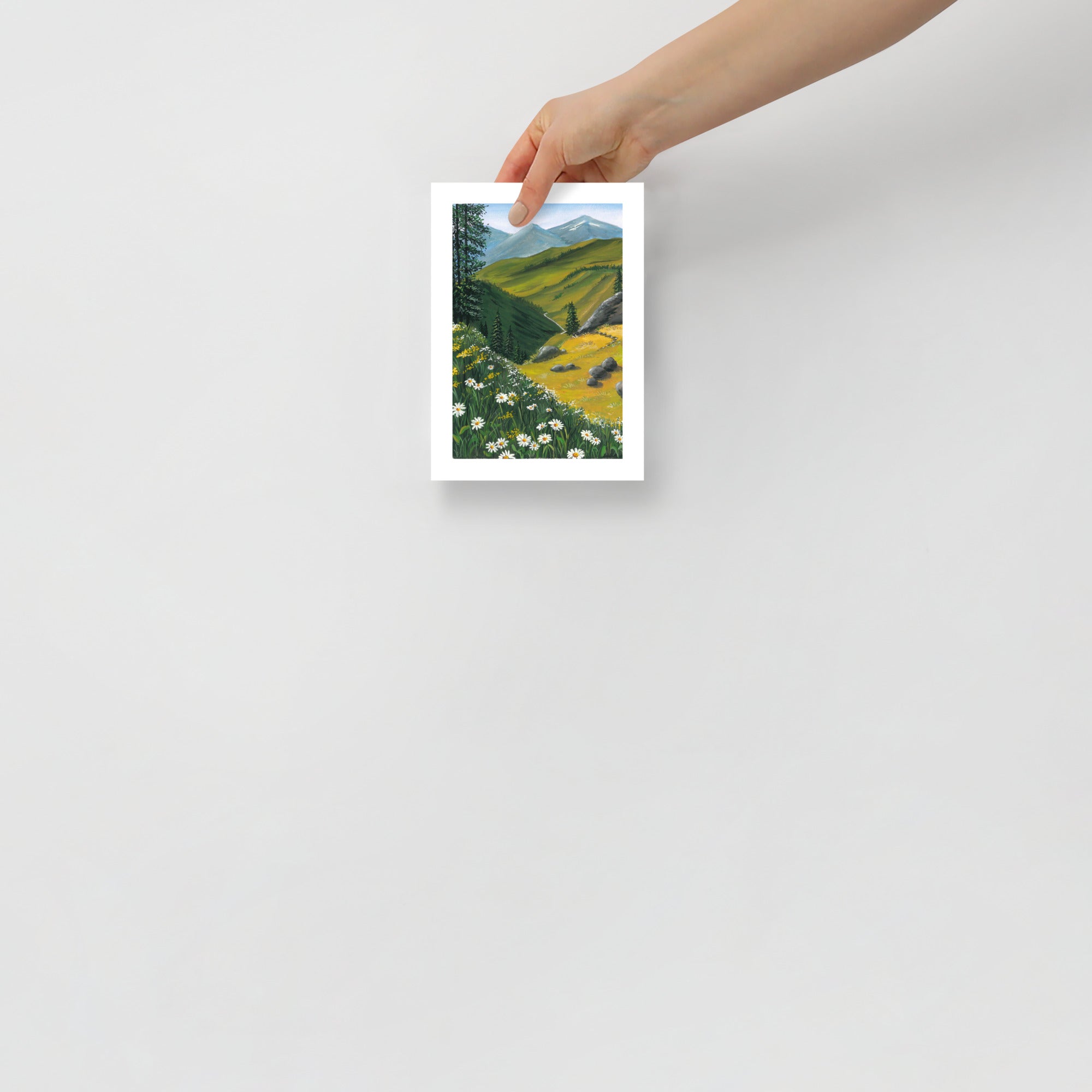 Daisy Field Mountain Art Print • Wildflower Meadow Wall Art • Summer & Spring Landscape Painting • Botanical Nature Decor • Cheerful Home Art