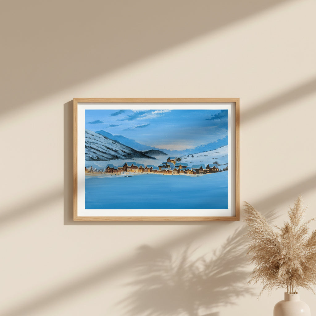 Winter Village Art Print • Snowy Valley Landscape • Glowing Houses Painting • Cozy Holiday Wall Decor  • Christmas Gift