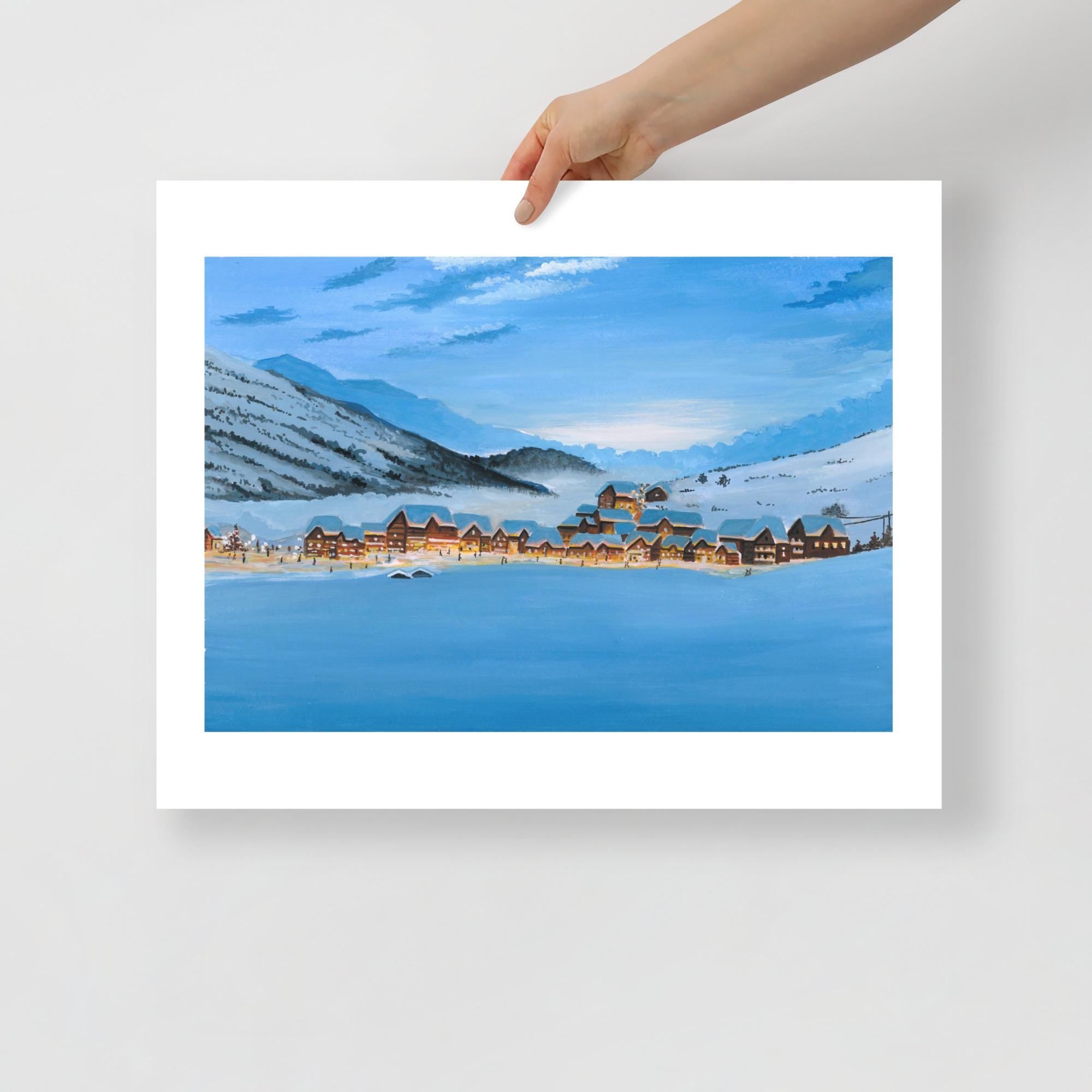 Winter Village Art Print • Snowy Valley Landscape • Glowing Houses Painting • Cozy Holiday Wall Decor  • Christmas Gift