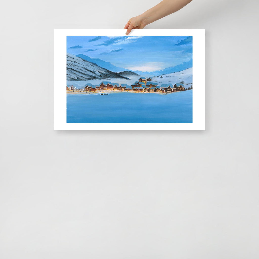 Winter Village Art Print • Snowy Valley Landscape • Glowing Houses Painting • Cozy Holiday Wall Decor  • Christmas Gift