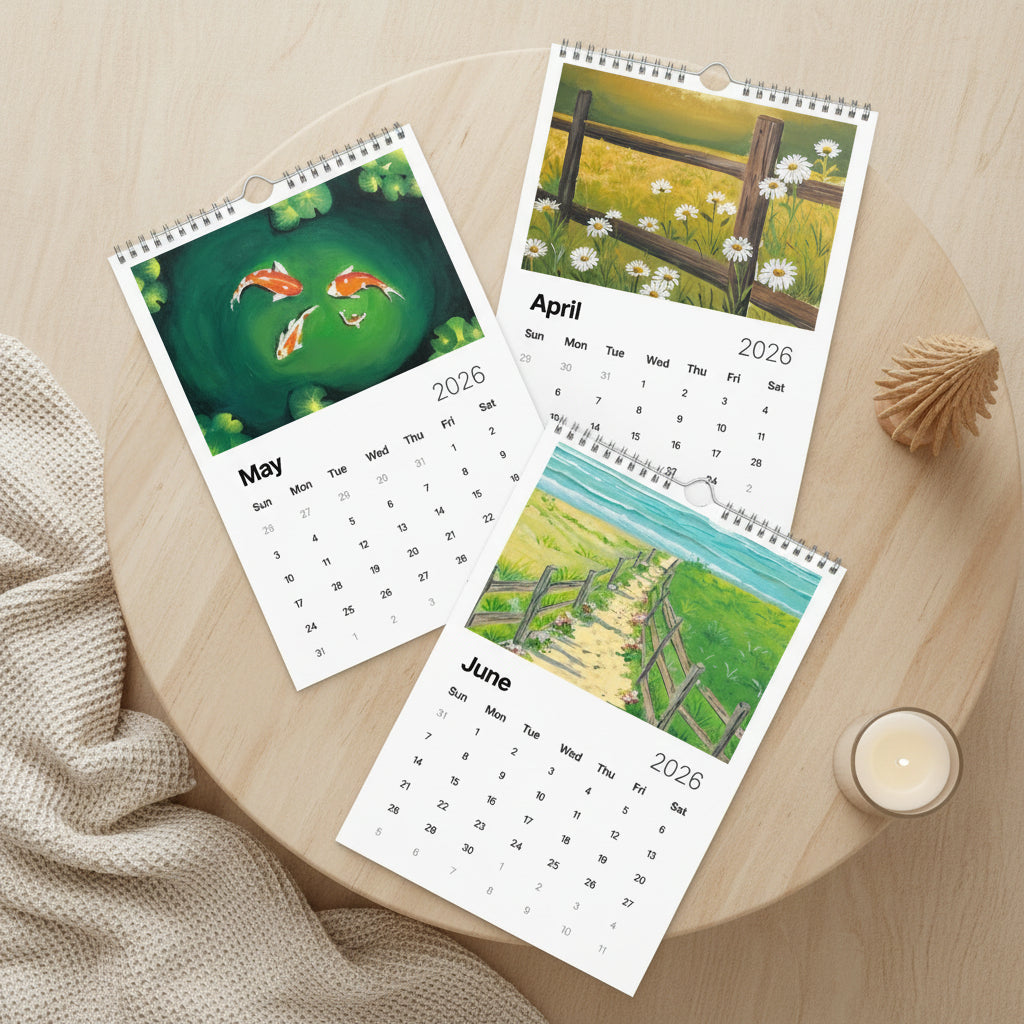Three spiral-bound calendars showing April, May, and June 2026 with nature-themed covers.