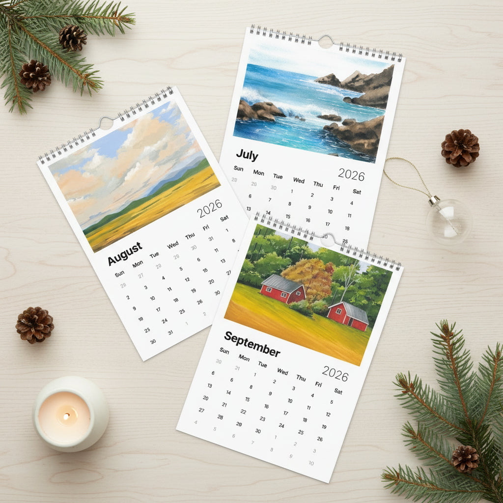 Three calendar pages showing scenic images of a field, ocean, and barn for August, July, and September 2026.