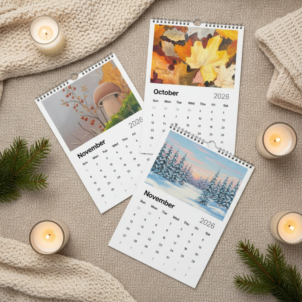 Three-month calendar set for November, December, and January 2026 with seasonal images.